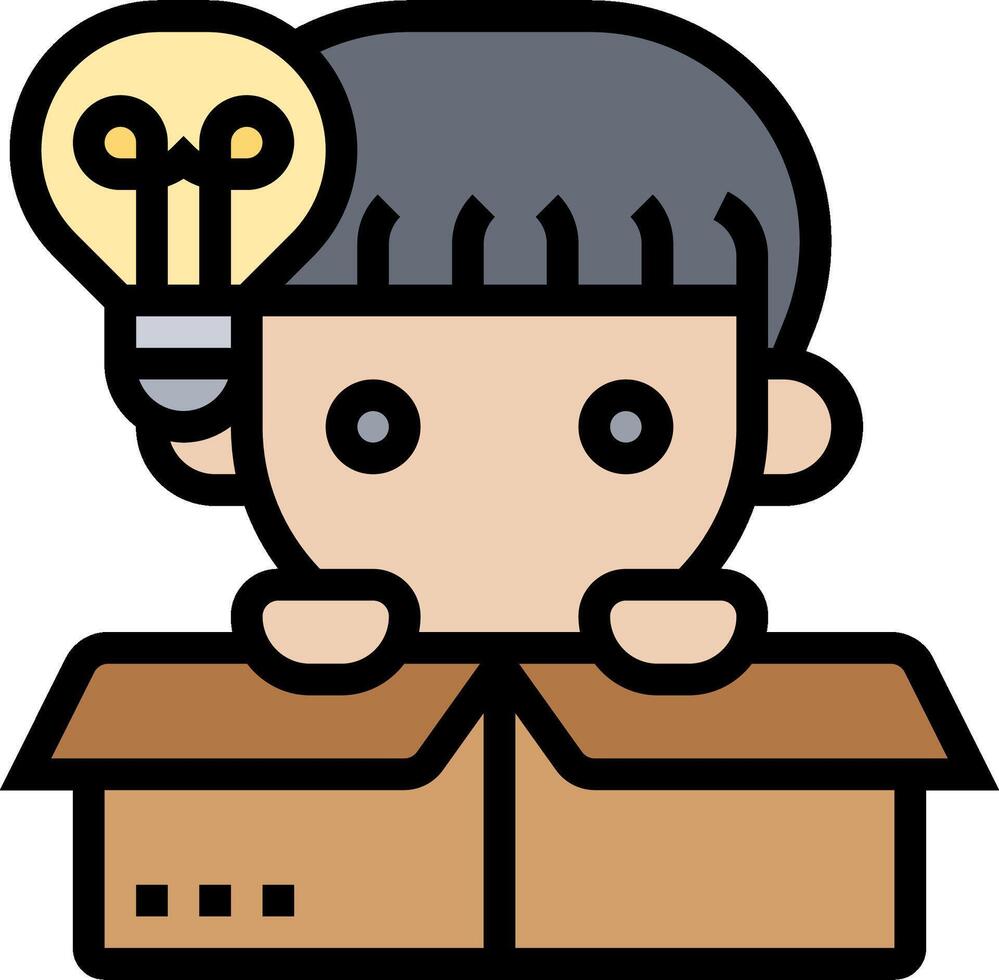 A boy is sitting in a box with an idea light bulb vector