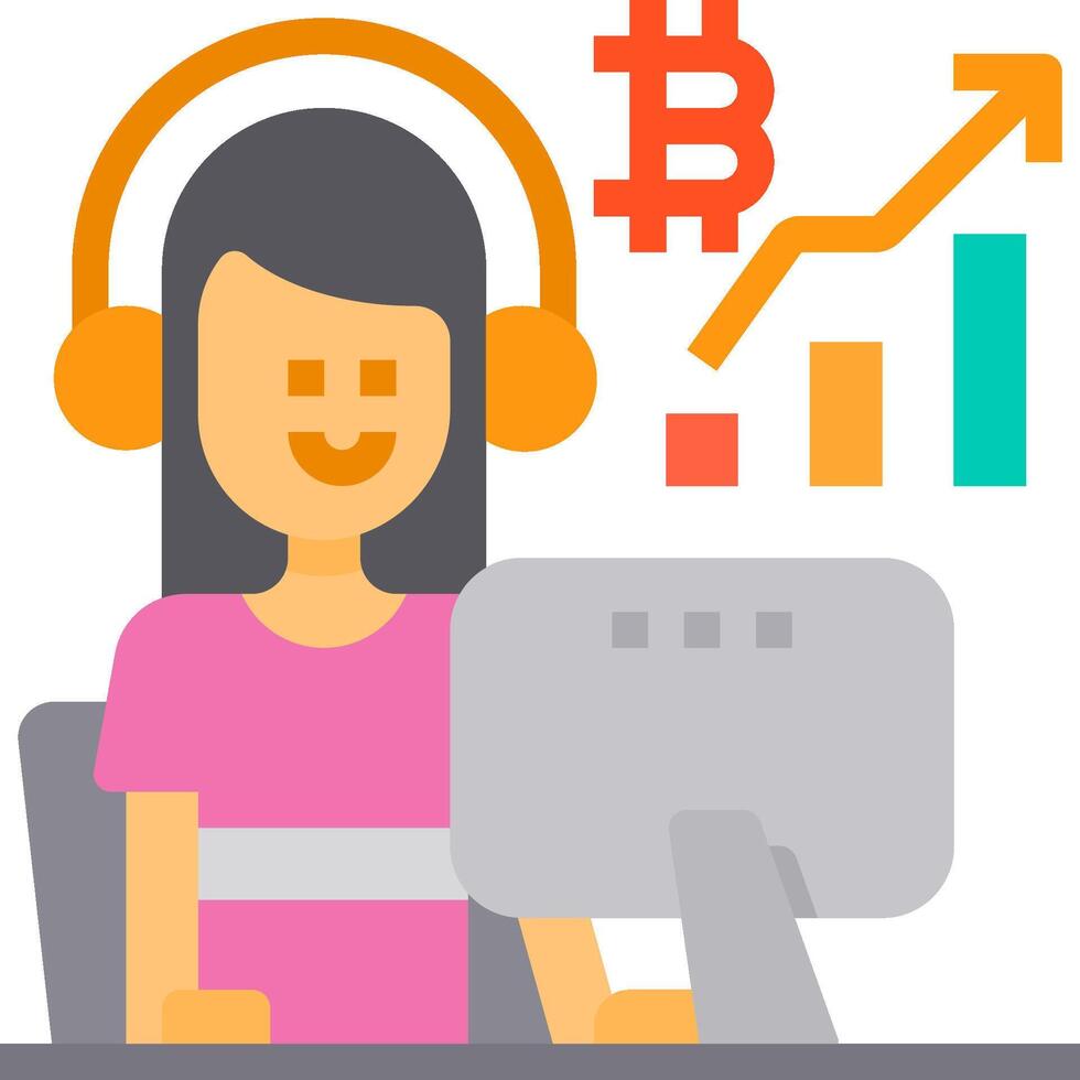 A woman in headphones is working on a computer with a bitcoin graph vector