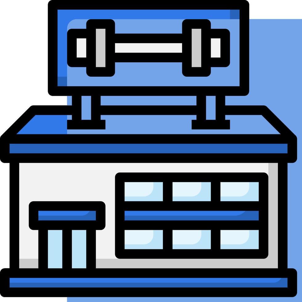 A blue and white building with a sign on it vector