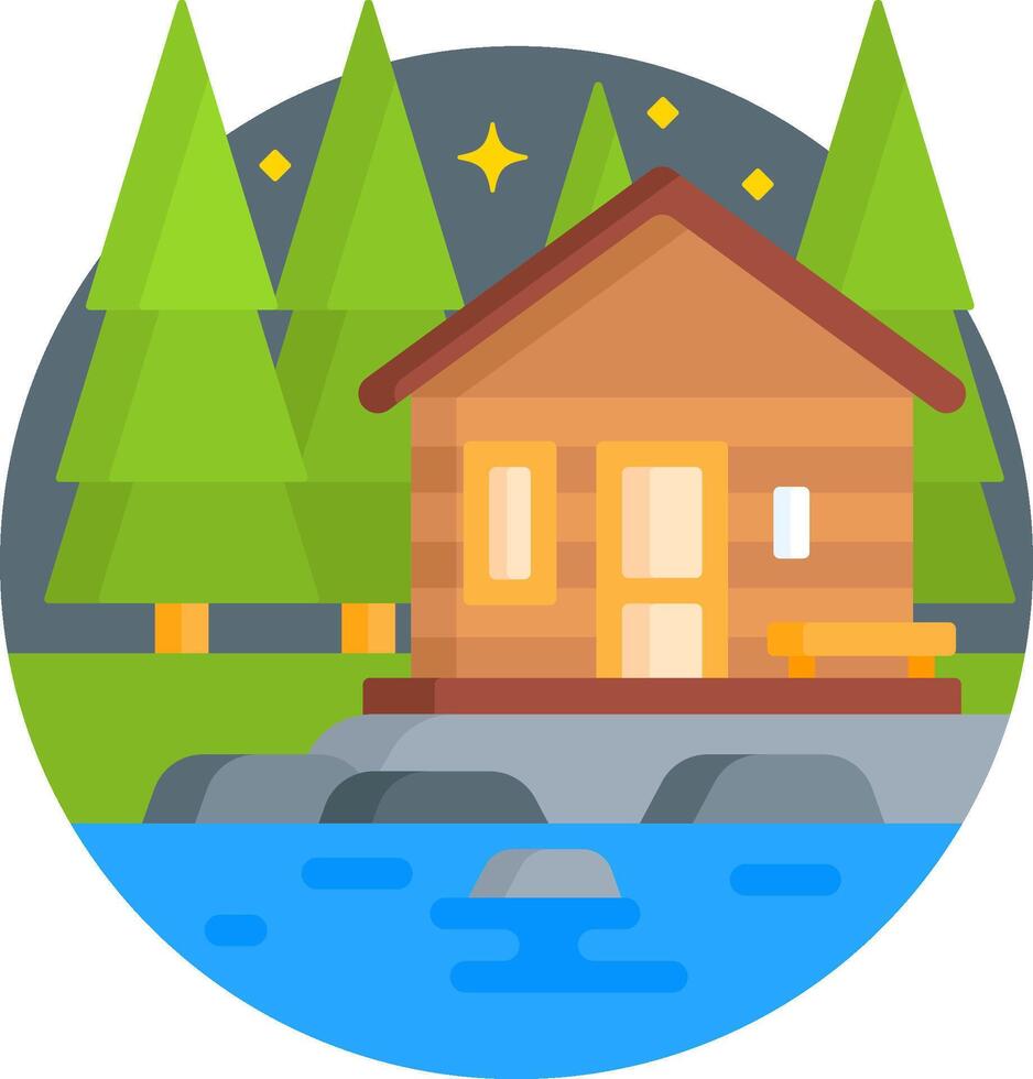 A cabin in the woods with a lake and trees vector