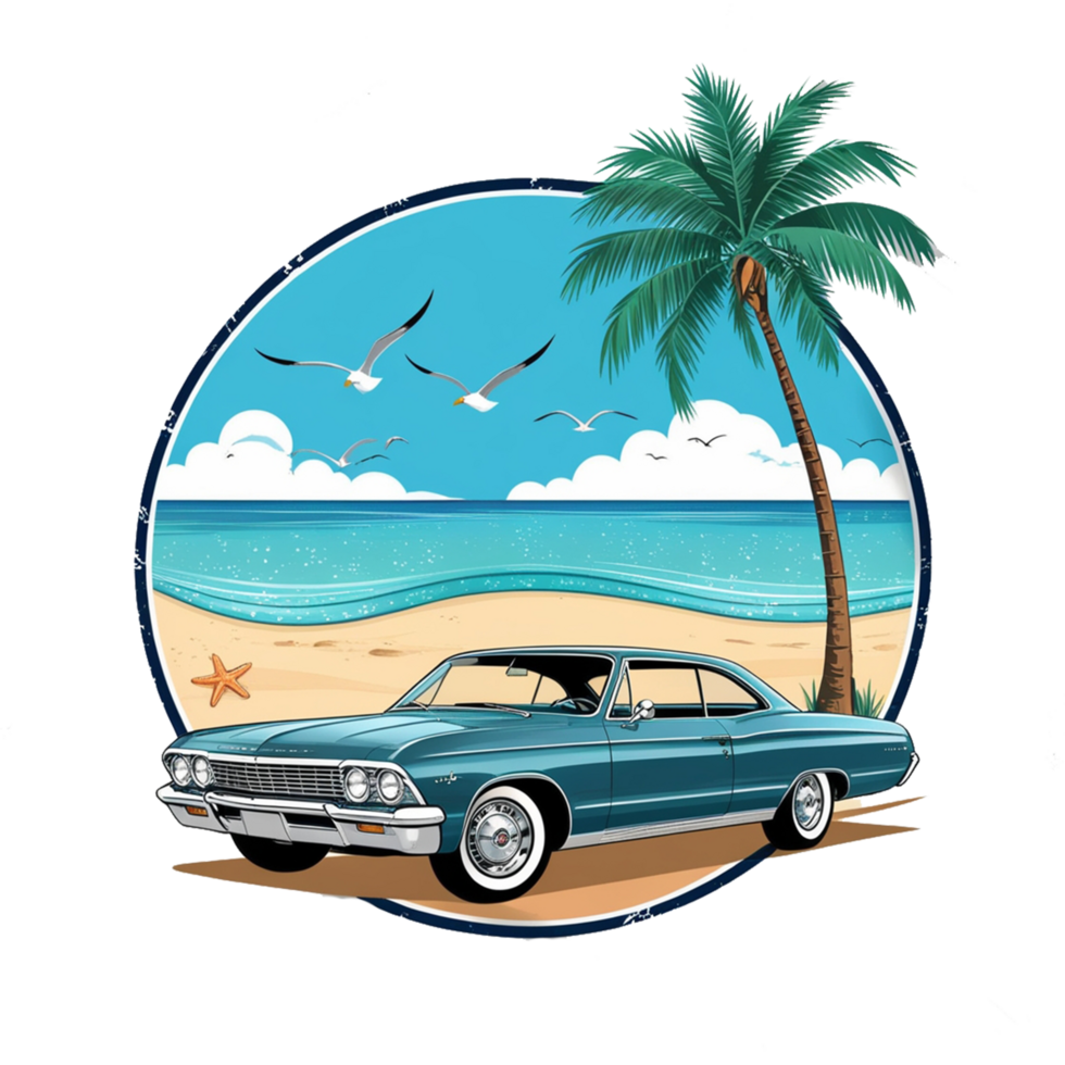 A vintage car on the beach with palm trees and seagulls png
