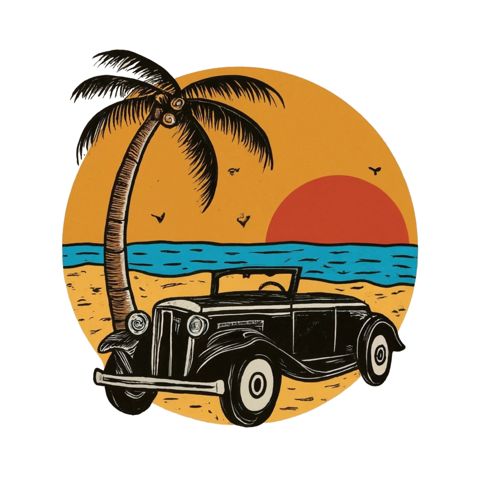 A vintage car on the beach with palm trees png
