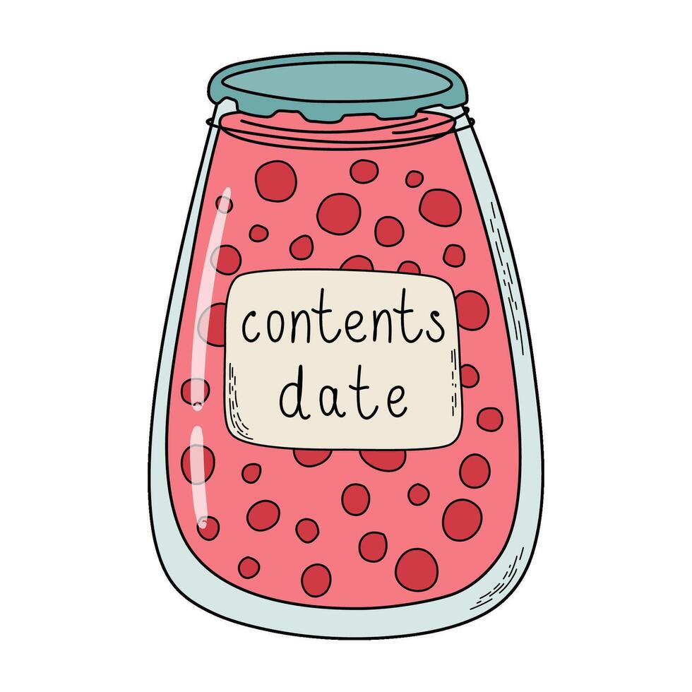 Glass jar of homemade preserves. Canned food storage. Traditional container with contents inside, closed with metal lid and with label on it. Hand drawn illustration. vector