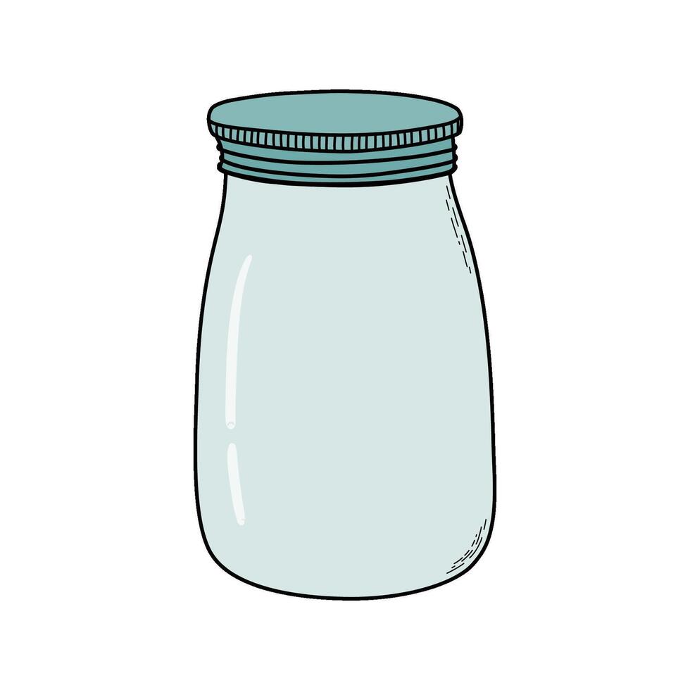 Empty glass jar with metal lid for food preservation, home canning and storage. Transparent pot with screw cap for liquids and canned food. Hand drawn illustration. vector