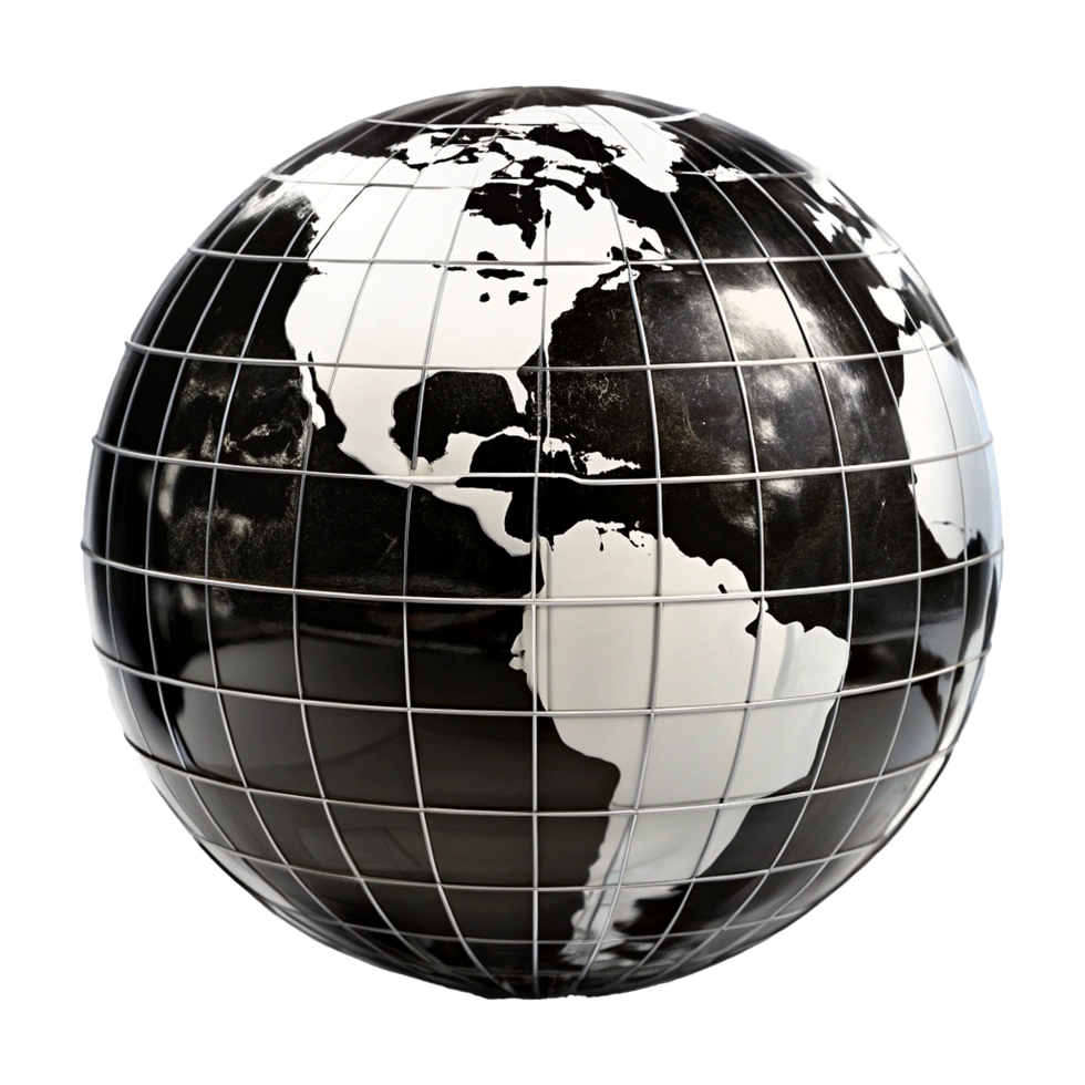 A black and white globe with a white map on it png