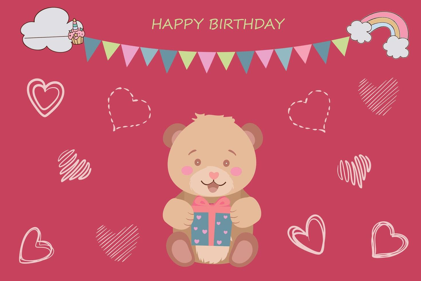 Greeting card cute teddy bear with a gift. Cute childish illustration for greeting cards, children's posters. illustration vector