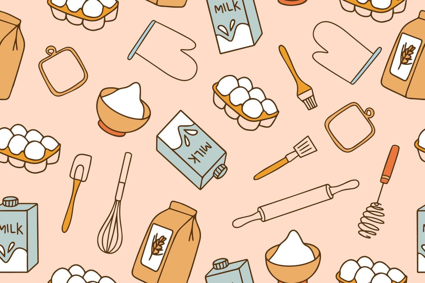 Colorful seamless pattern of baking accessories. Kitchen cooking utensils in doodle style. illustration vector