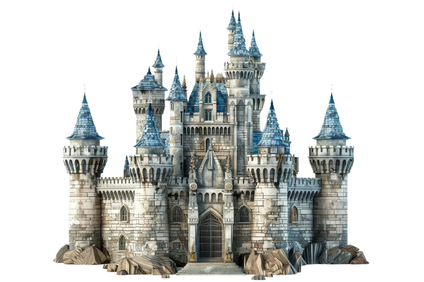 Majestic Stone Castle with Blue Roofs and Towers png