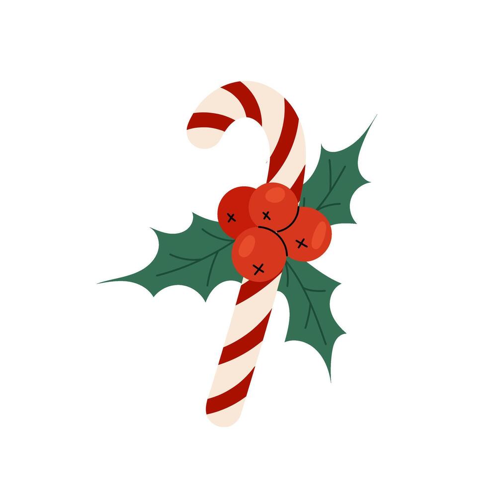 Christmas candy canes. Traditional xmas sweet dessert with holly berries isolated on white background. New year or Christmas holiday. vector