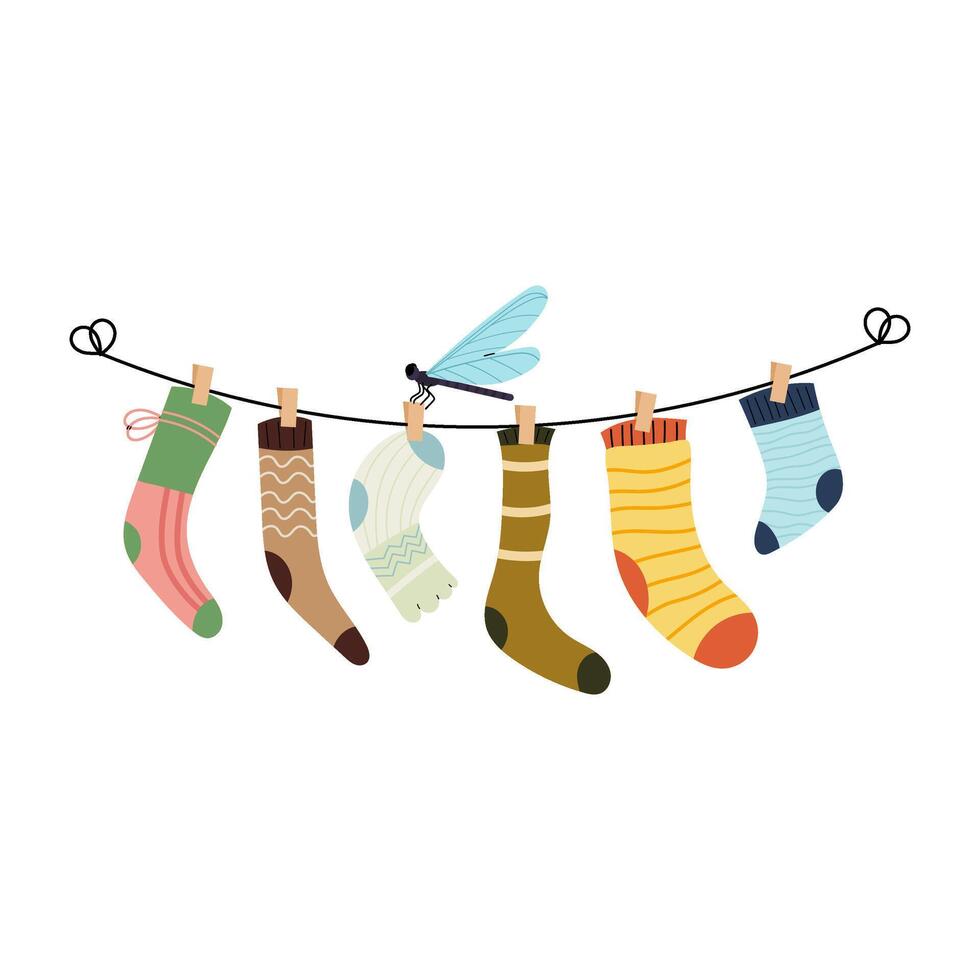 Set of children socks hanging on the rope clothesline with clothespins. Dragonfly insect. Set of different socks. Washing clothes. vector