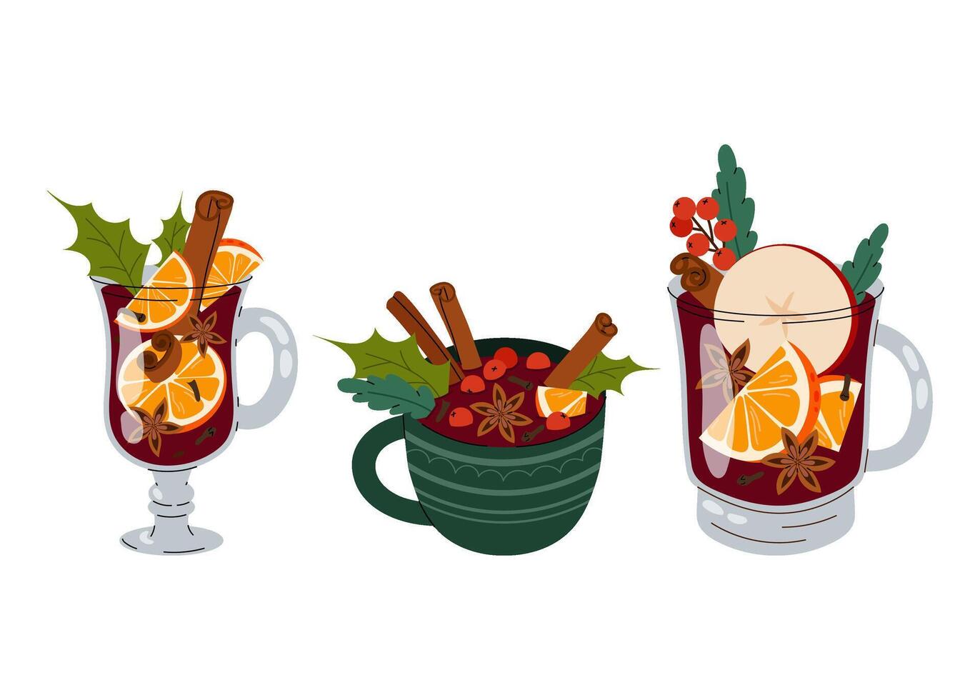 Mulled wine. A traditional Christmas hot drink. A flavourful winter drink. Set of cups with gluhwein. Flat illustration on white background. vector