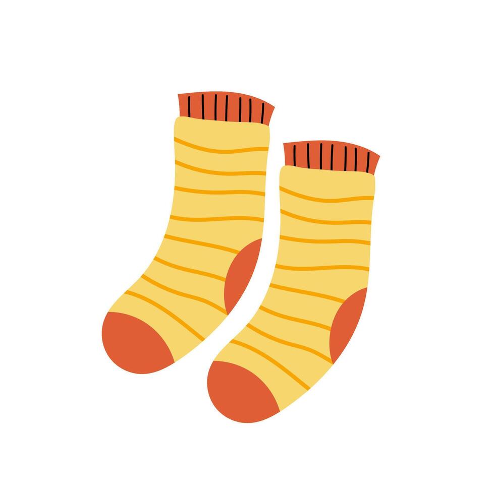Orange socks. Autumn socks flat icon isolated on white background. Cute orange sock with stripes. Autumn warm cloth concept. vector