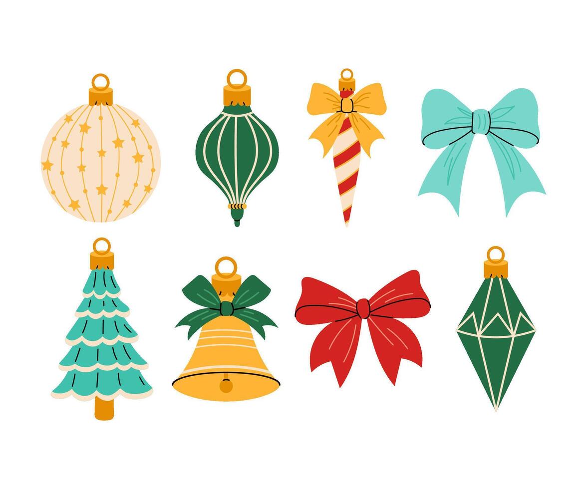 Set of Christmas tree ornaments. Vintage toys for the Christmas tree. Winter festive decoration. Glass toys traditional new year holiday design element. Christmas bell. vector
