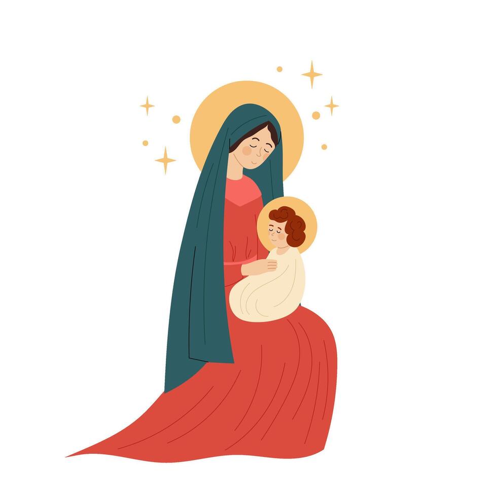 Christmas. Saint Mary with the baby Jesus. The birth of the Savior. Saints. Flat illustration on a white background. vector