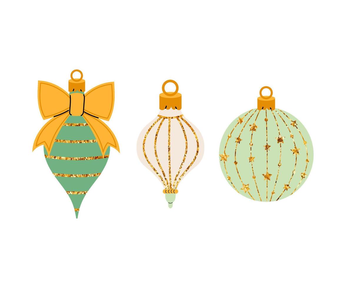 Shiny Christmas tree decoration isolated on white background. Set Christmas tree toys with gold glitter. Glass toys design element. vector
