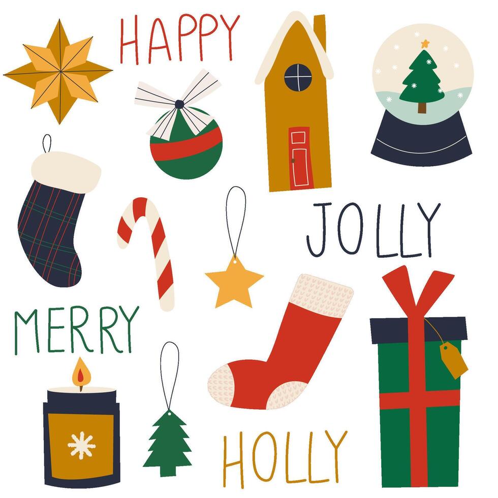 Colorful set of christmas objects and lettering. Christmas symbols and decorative elements. vector