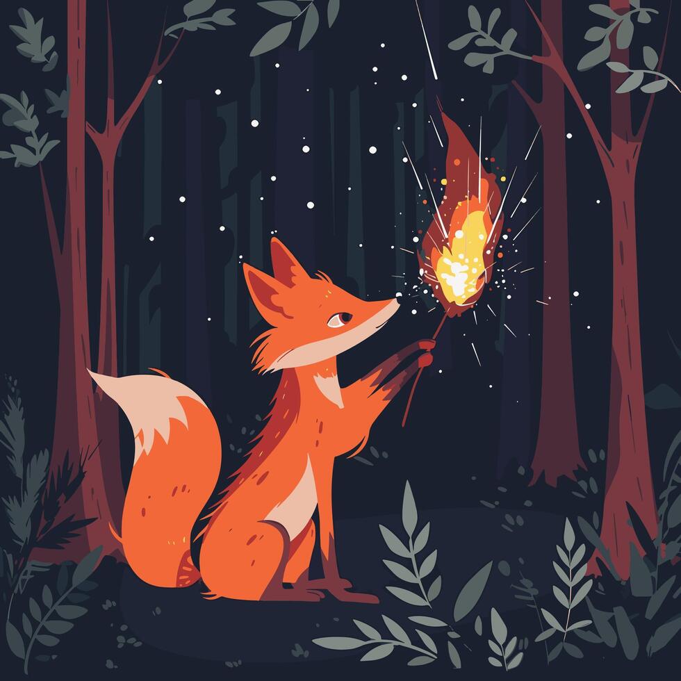 A magic fox creating a fire spell in a dark forest vector