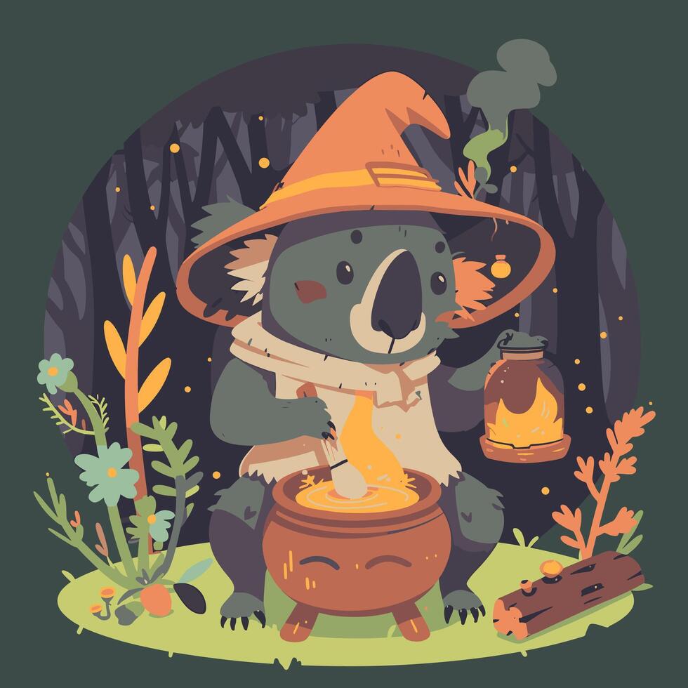 Koala dressed up like a druid brewing a forest potion in a cauldron vector