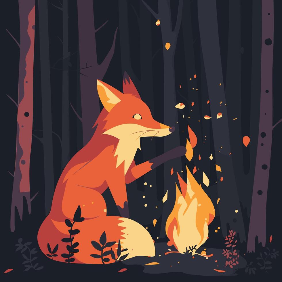 A magic fox creating a fire spell in a dark forest vector