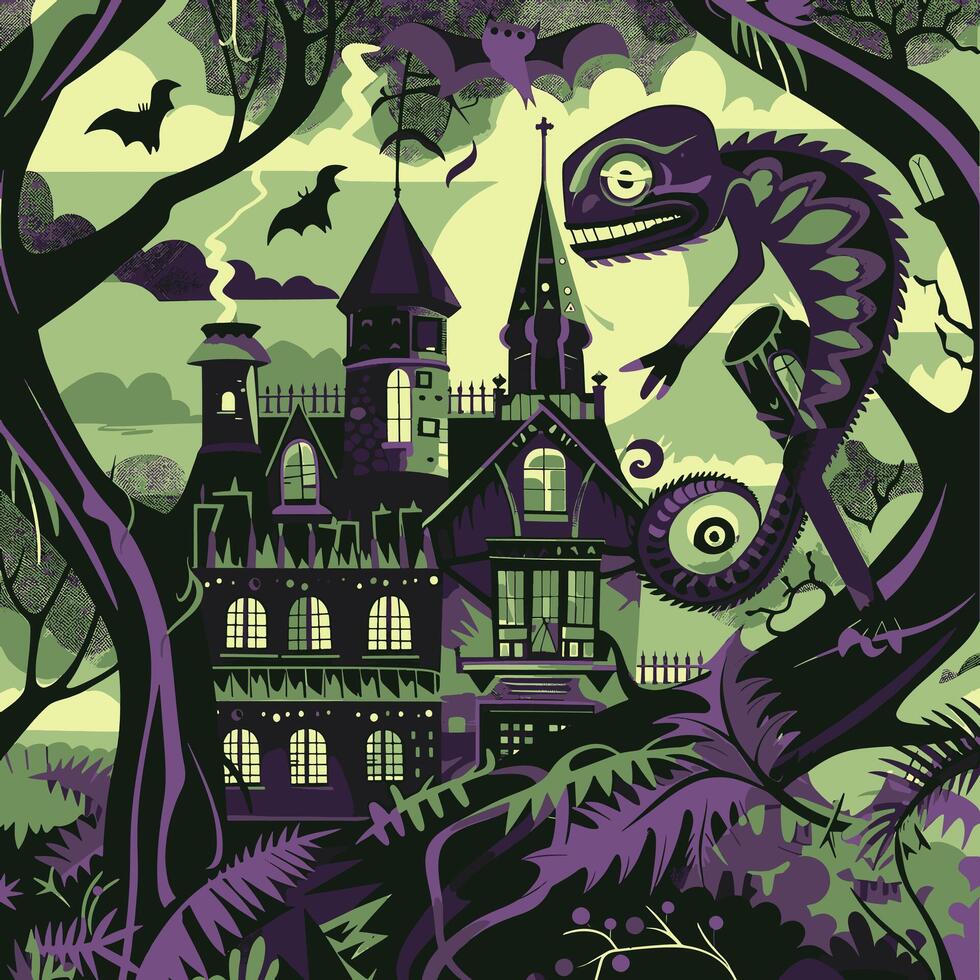 chameleon blending into a haunted house vector