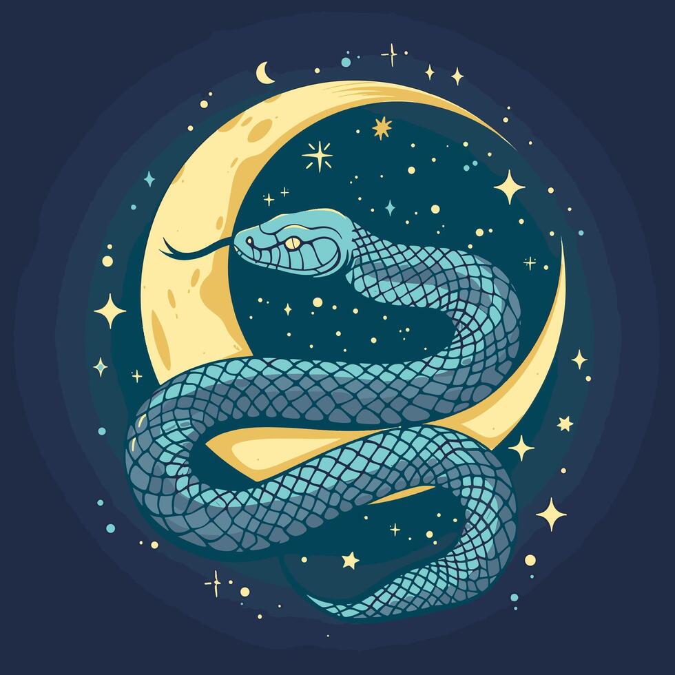 A snake coiling protectively around a crescent moon vector