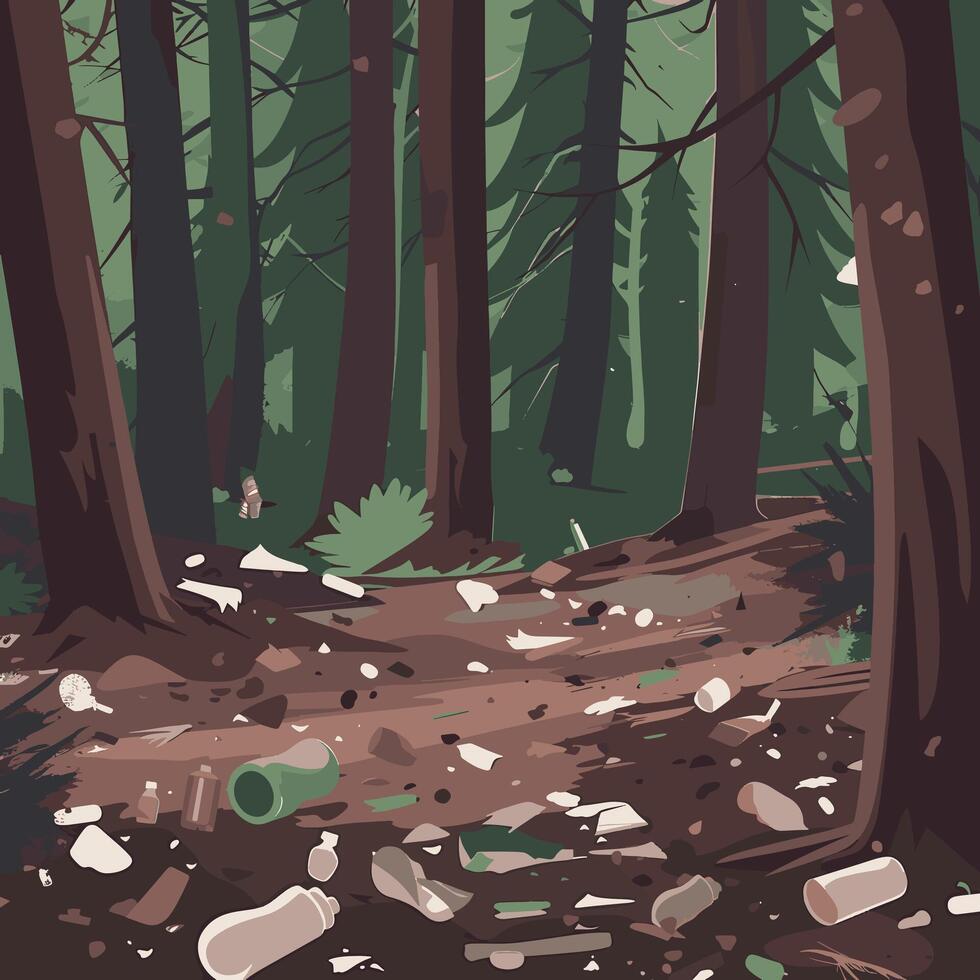 Forest covered in litter and trash vector