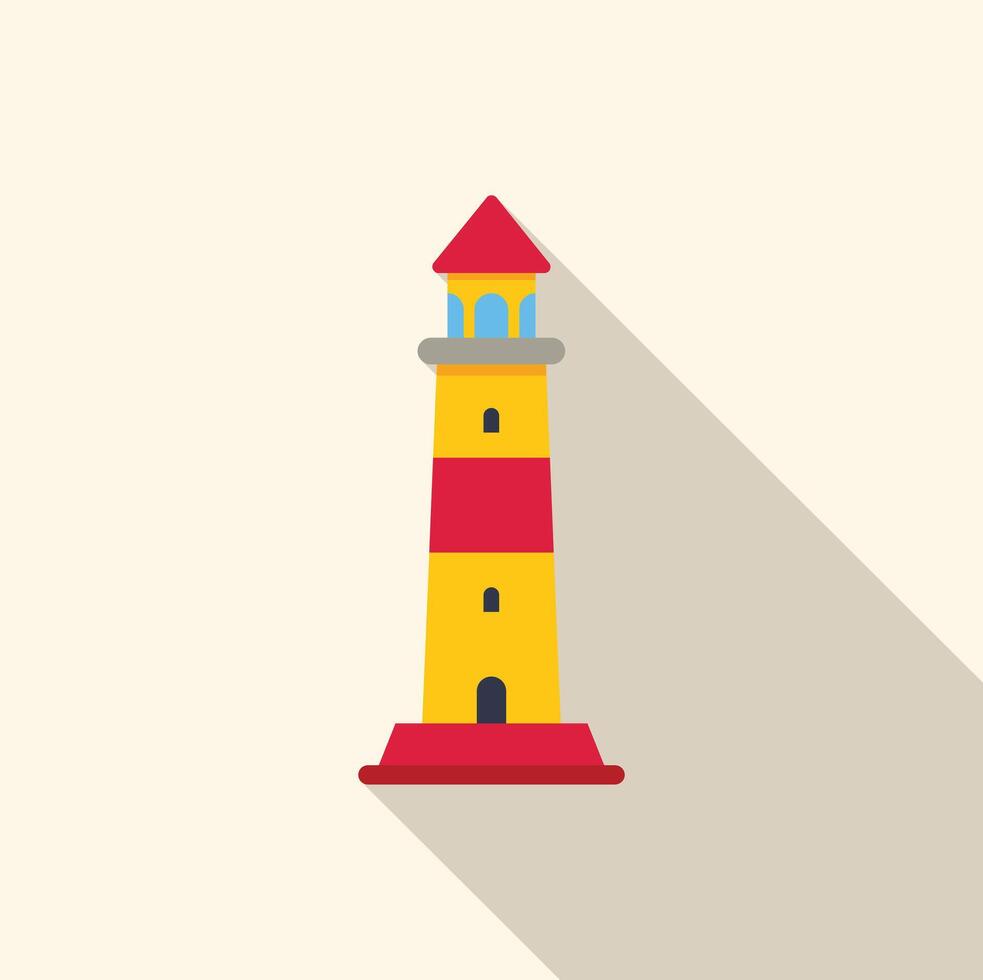 Red and yellow lighthouse casting long shadow icon vector