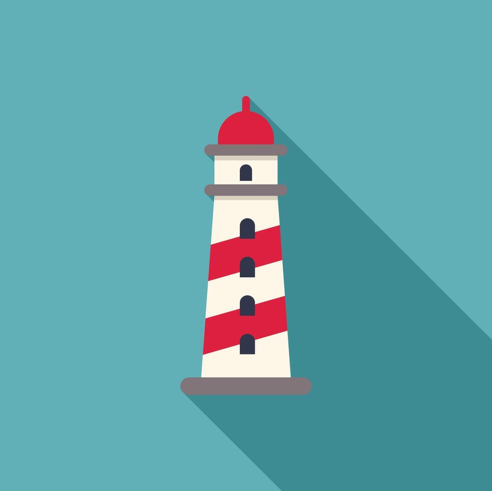 Red and white lighthouse casting long shadow on blue background vector