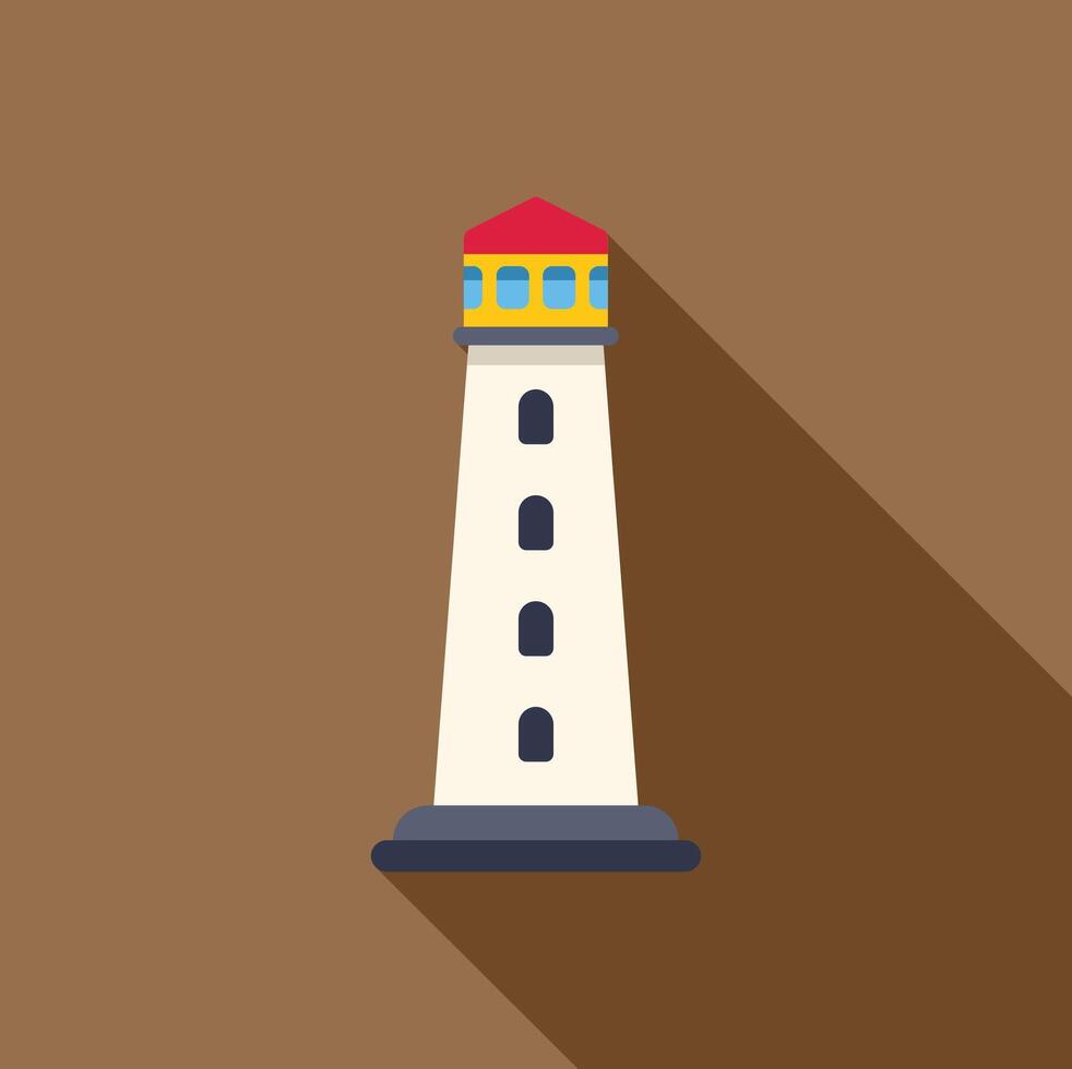 Classic lighthouse casting long shadow on brown background vector