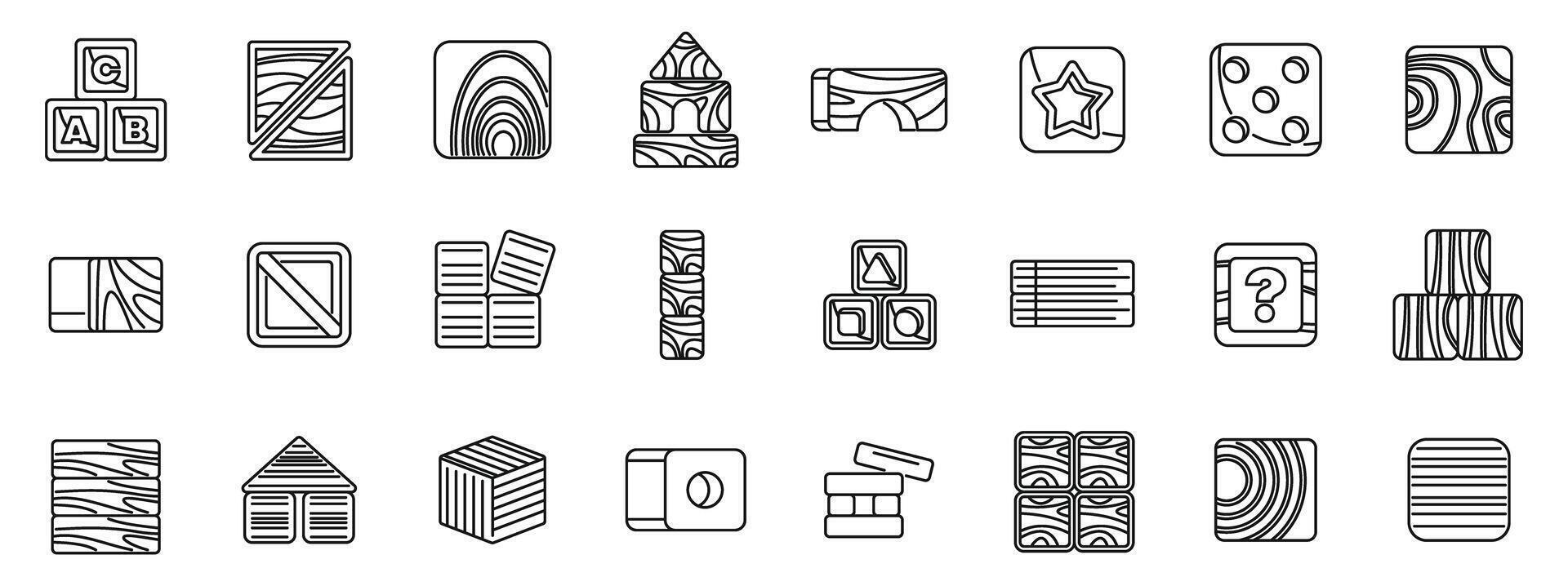 Wood cube block icons set. Set of wooden toy blocks icons showing different shapes and play activities for kids vector