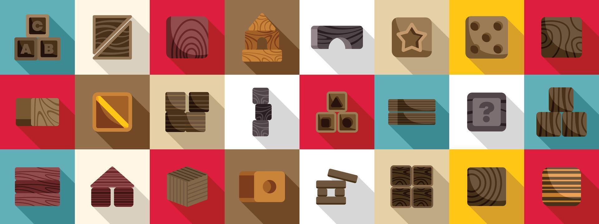 Wood cube block icons set. Wooden toy block icons set flat vector illustration
