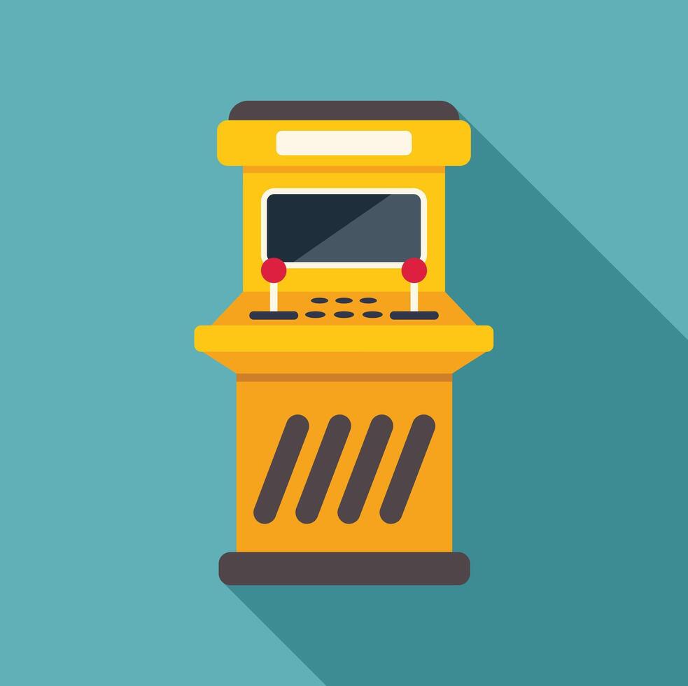 Yellow arcade game machine casting long shadow on turquoise background vector