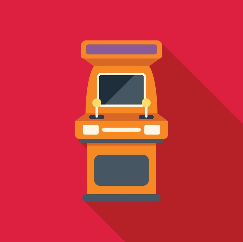 Orange arcade game console standing on red background vector