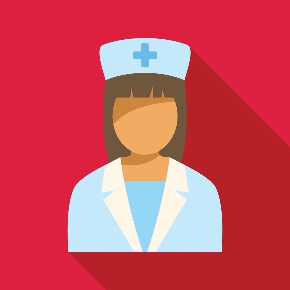 Female nurse wearing blue uniform and hat with cross presenting on red background vector