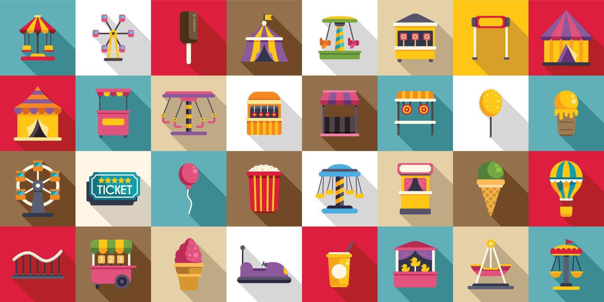 Funfair icons set. Colorful amusement park icons showing entertainment and food stalls vector