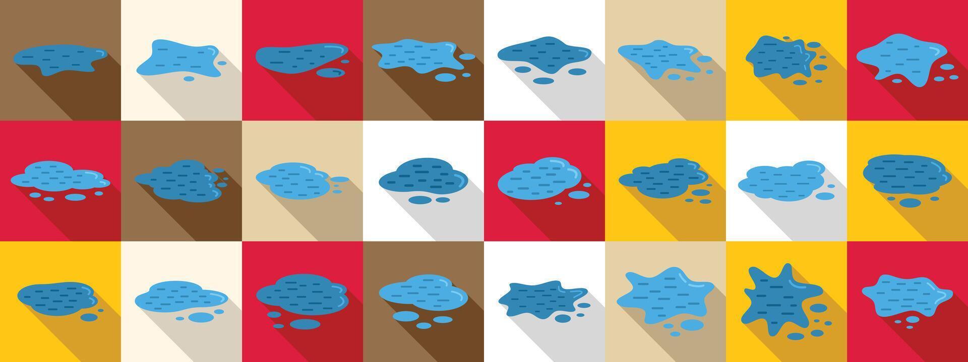 Water puddle icons set. Set of various water puddles with shadows on colorful backgrounds vector