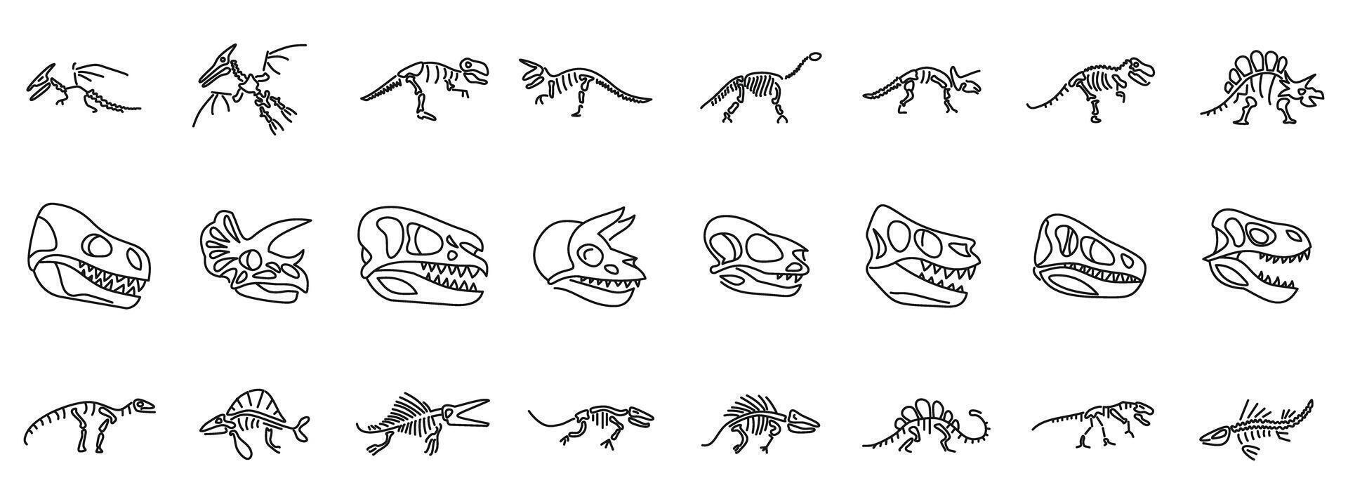 Dinosaur skeleton icons set. Dinosaur skeleton poses showing anatomy structure vector