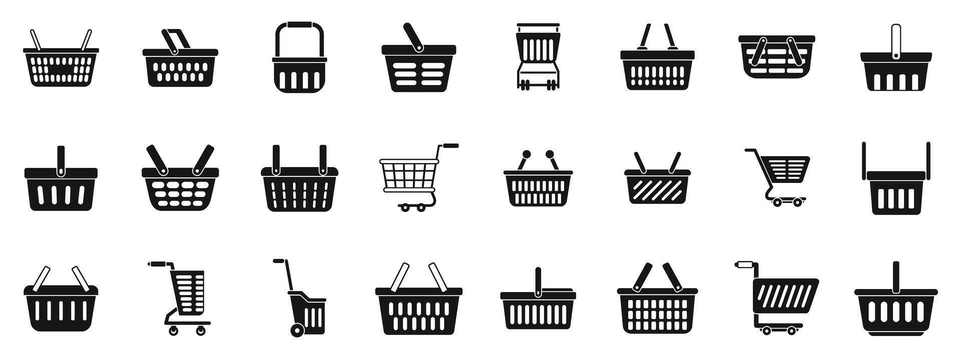 Consumer cart grocery icons set. Shopping basket icon set showing grocery purchases and retail purchases vector