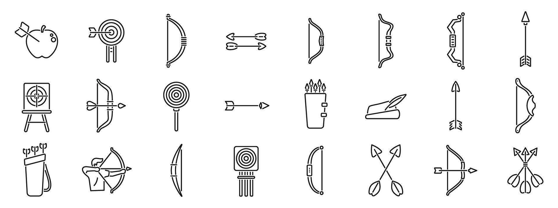Archery shoot weapon icons set. Set of archery and bow hunting line icons featuring bows and arrows vector