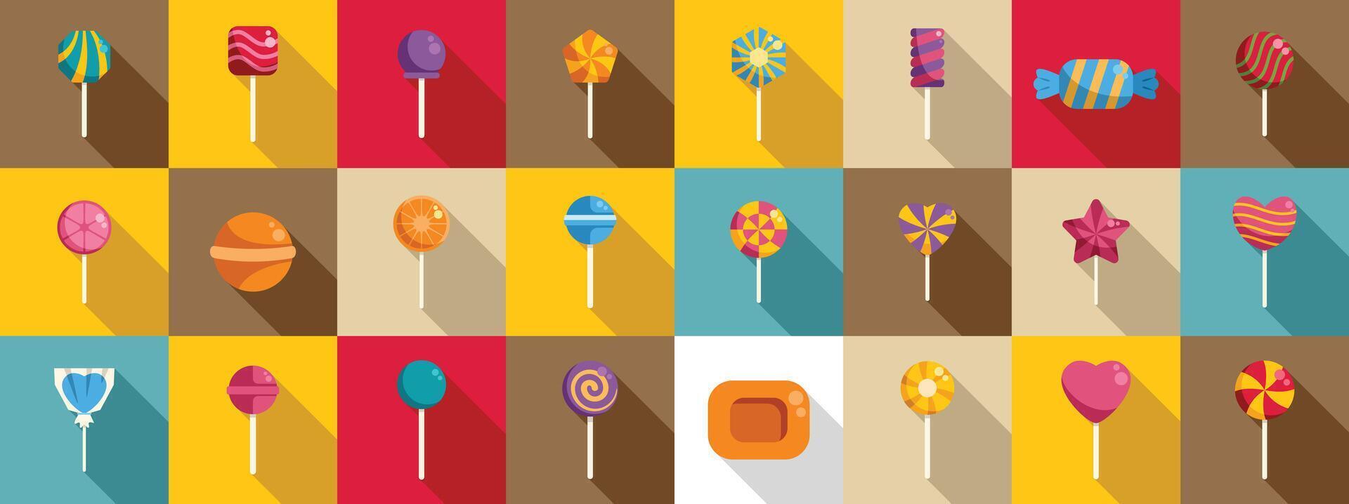 Lolipop icons set. Collection of various flavors and shapes of lollipops with long shadows vector