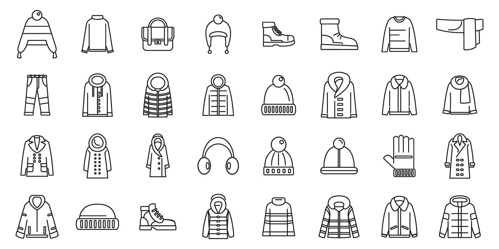 Wardrobe winter icons set. Winter clothes collection featuring jackets, hats, and boots for cold weather vector