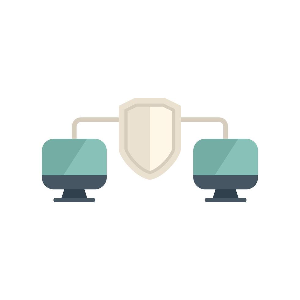 Two computers connected with shield icon symbolizing secure network vector