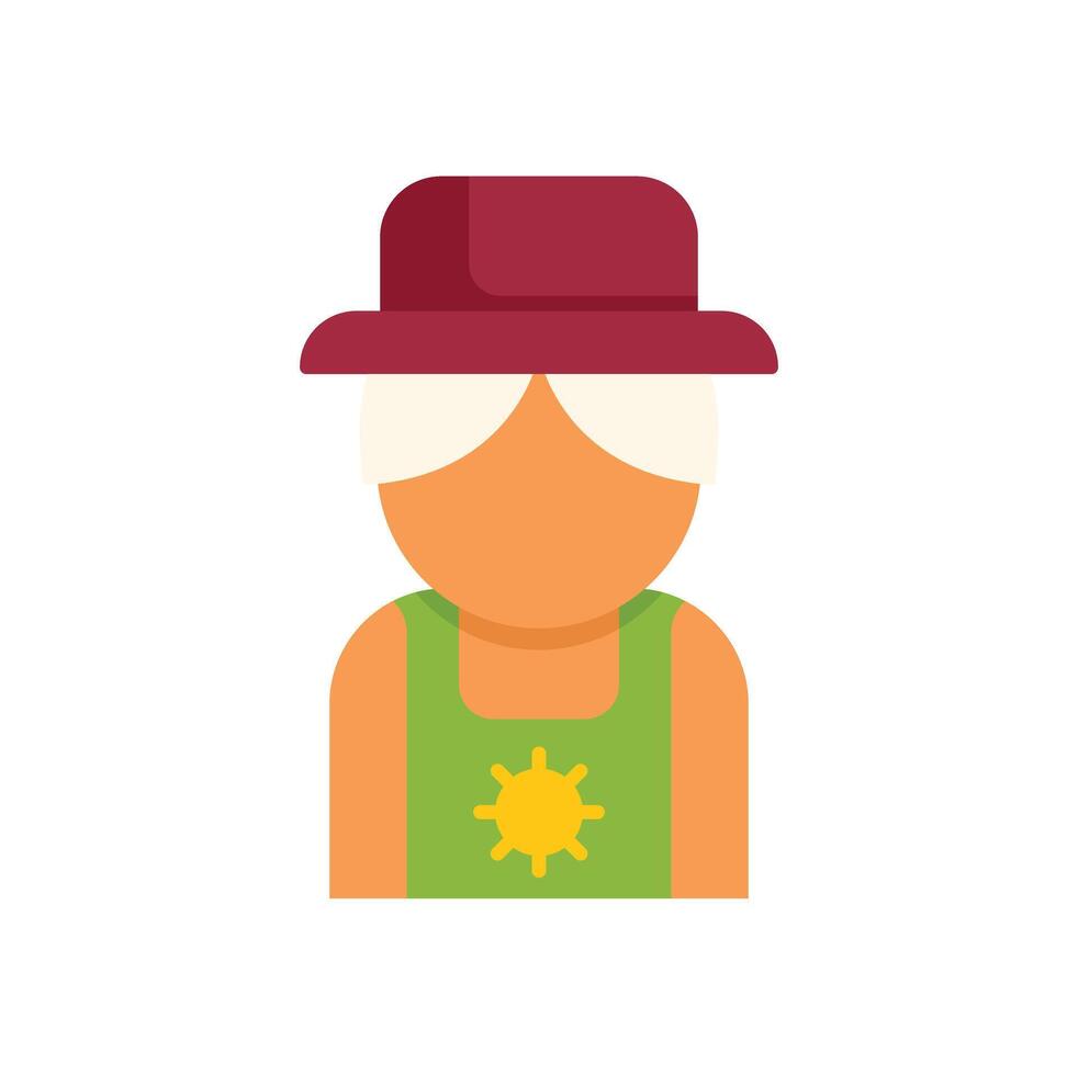 Senior woman farmer wearing green overalls and a hat with sun icon illustration vector