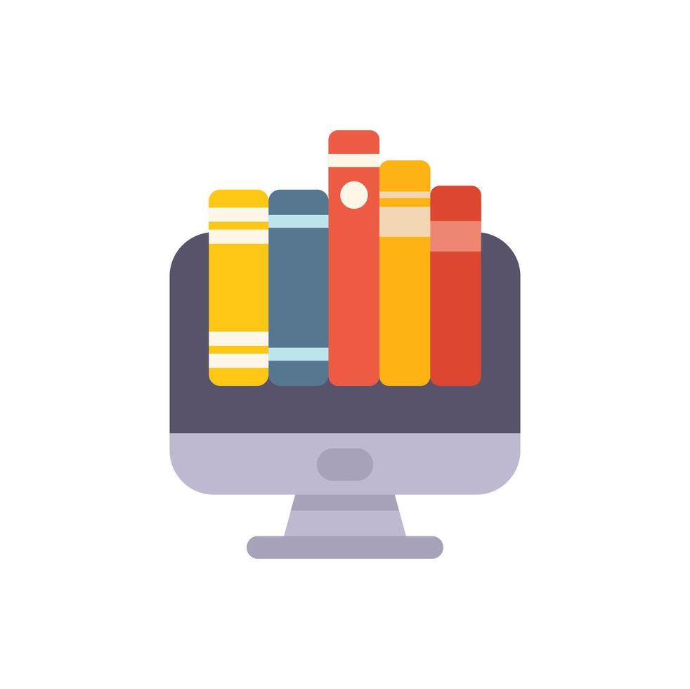Online library on computer screen displaying e books for e learning vector
