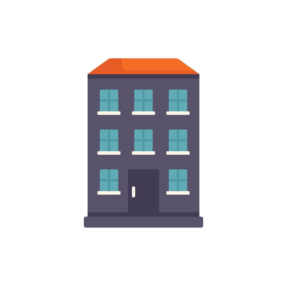 Grey apartment building with orange roof having many windows flat design icon vector
