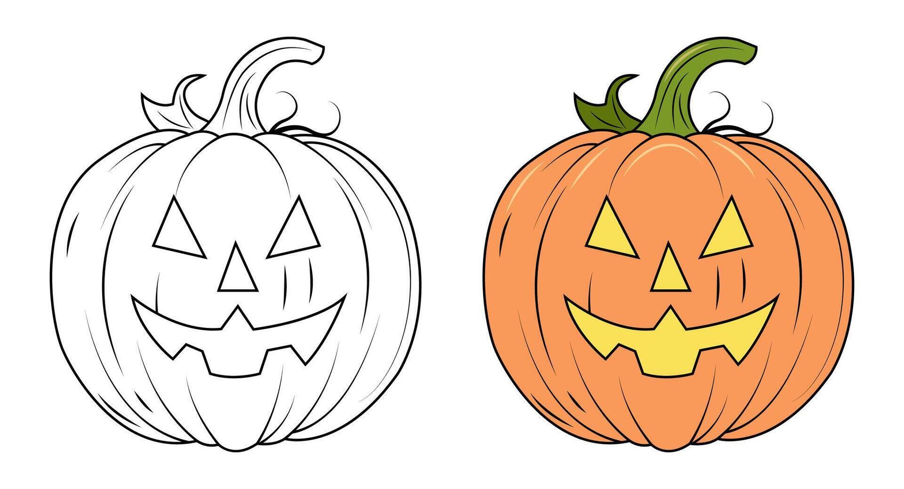 A set of contoured and colored pumpkins. Scary pumpkin for Halloween. Coloring book vector