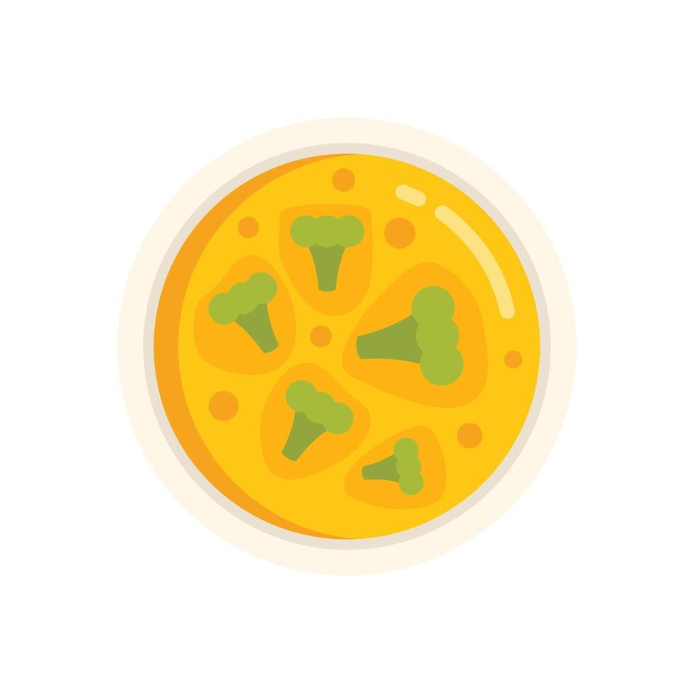 Broccoli cheddar soup being served in white bowl vector