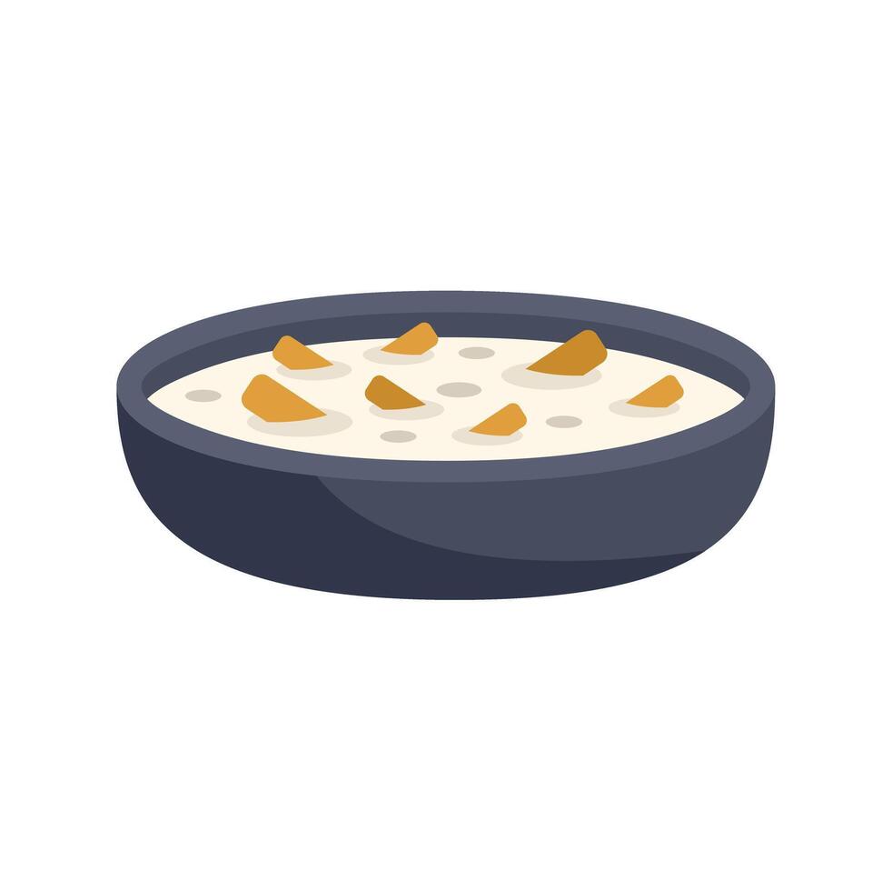 Bowl containing delicious creamy soup with croutons isometric icon vector