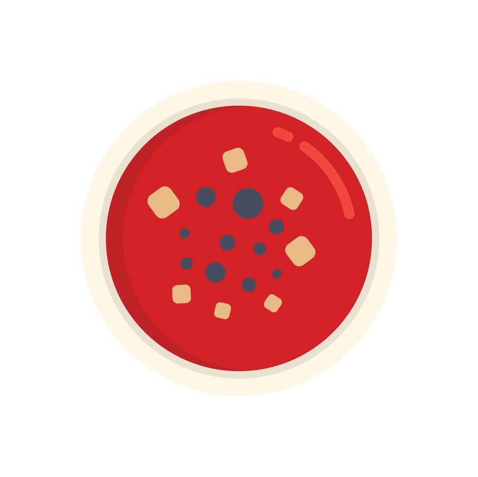 Red tomato soup with croutons in bowl top view vector