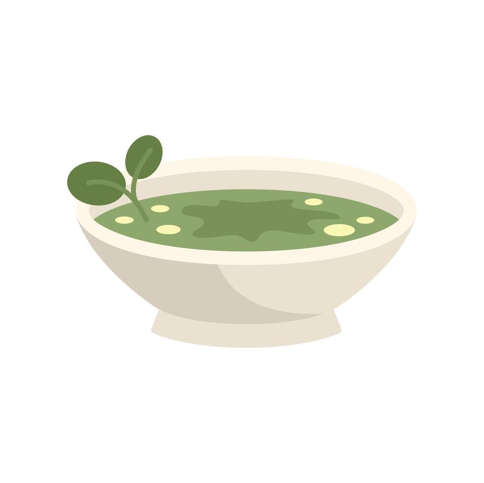 Green cream soup with spinach leaves in bowl serving vector